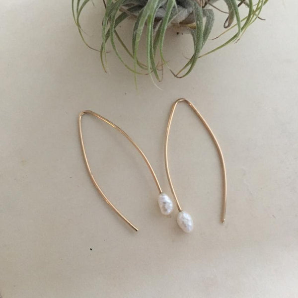 14k Gold and Rice Pearl Long Hook Earrings