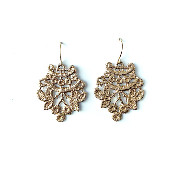 A beautiful pair of earrings made from cast lace. 14k yellow gold. Floral patterned lace.