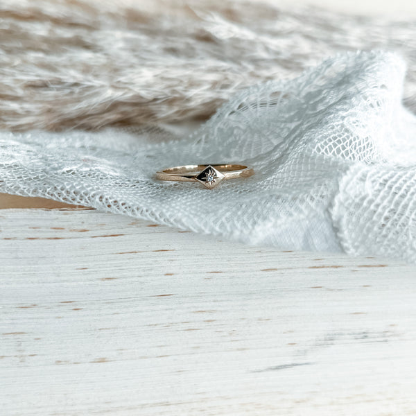 Tiny Sterling Silver or Solid Gold Diamond shaped Star set Birthstone Signet Ring - size 6.25 available
