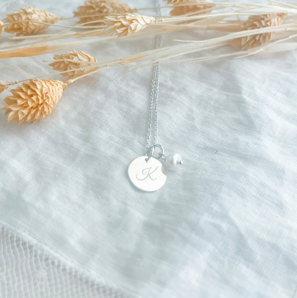 Sterling Silver Monogram Disc Pendant with pearl accent.
