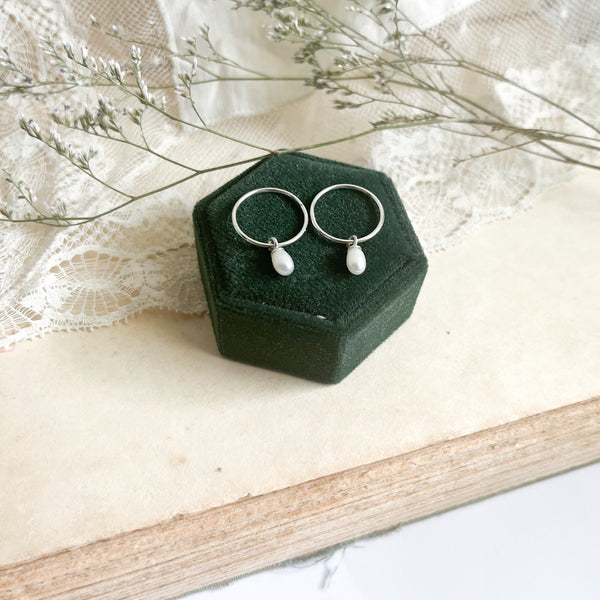 Sleeper Hoops with Rice Pearl Drop - Sterling Silver or 10k Yellow Gold