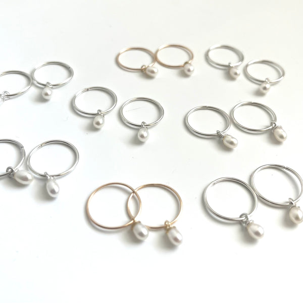 Sleeper Hoops with Rice Pearl Drop - Sterling Silver or 10k Yellow Gold