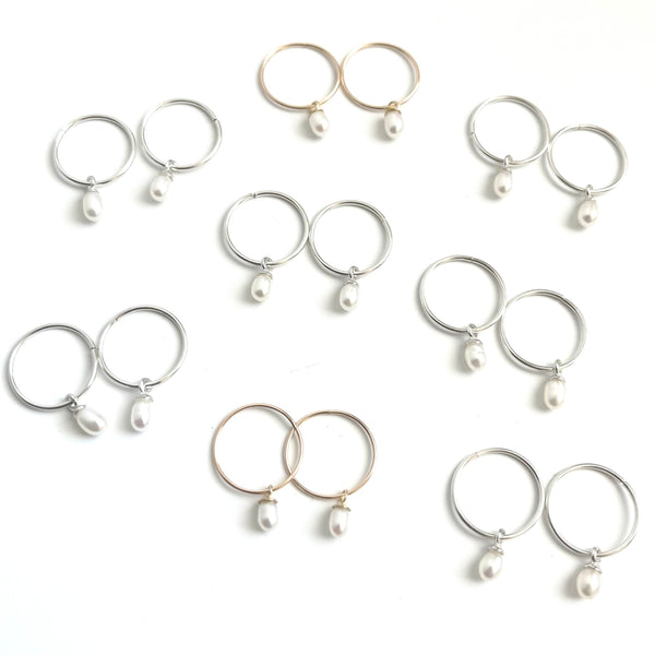 Sleeper Hoops with Rice Pearl Drop - Sterling Silver or 10k Yellow Gold