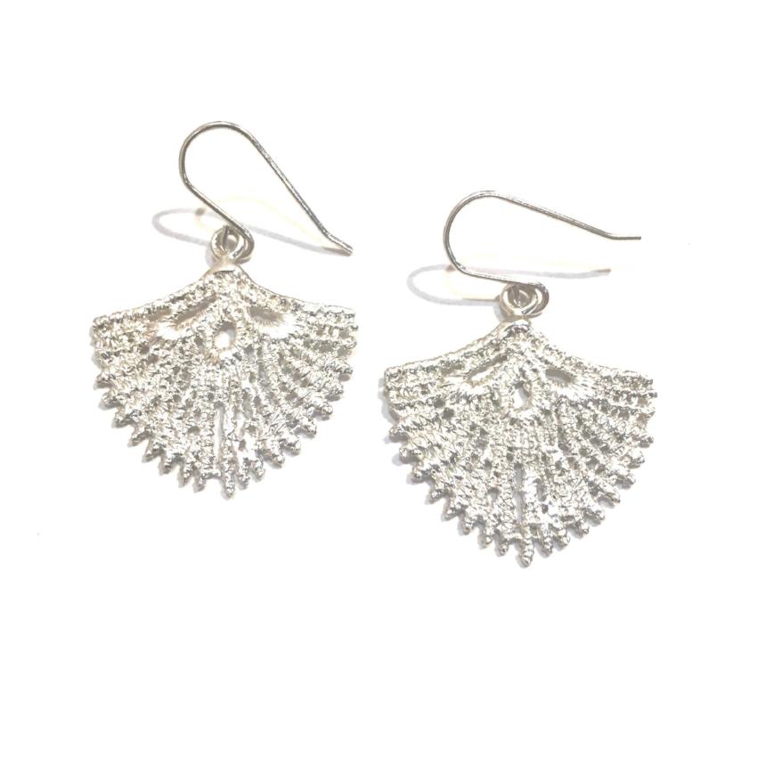 Sterling silver cast lace shield shaped earrings