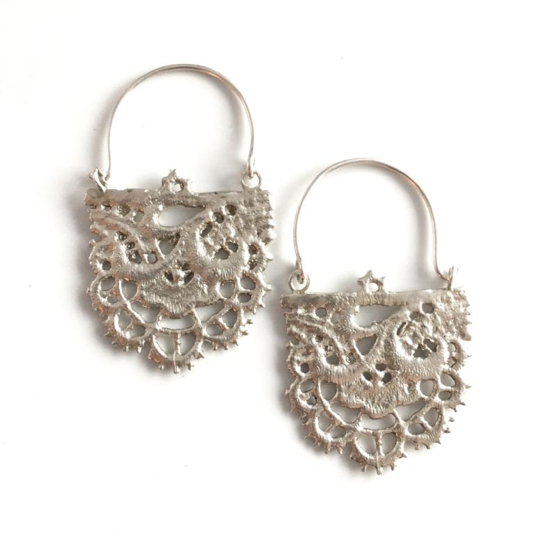 sterling silver cast lace earrings with floral pattern