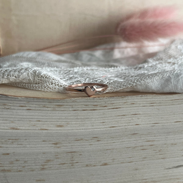 Tiny Sterling Silver or Solid Gold Heart Shaped Ring with Diamond
