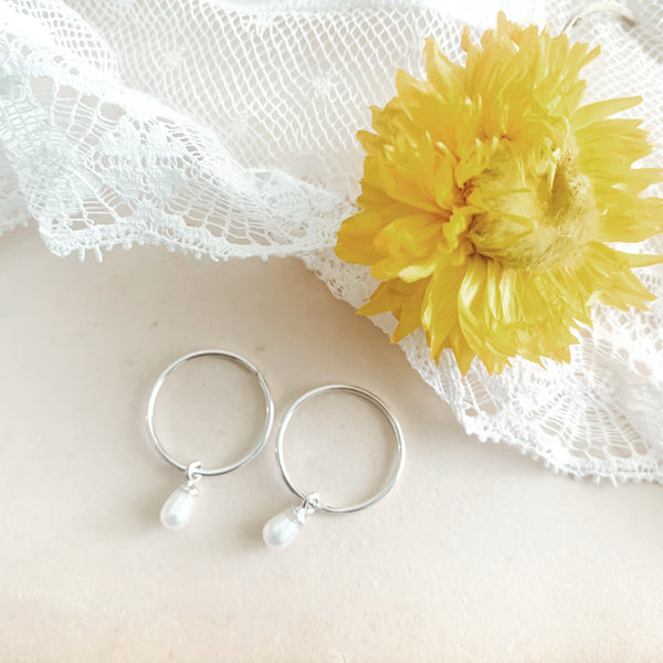Sleeper Hoops with Rice Pearl Drop - Sterling Silver or 10k Yellow Gold